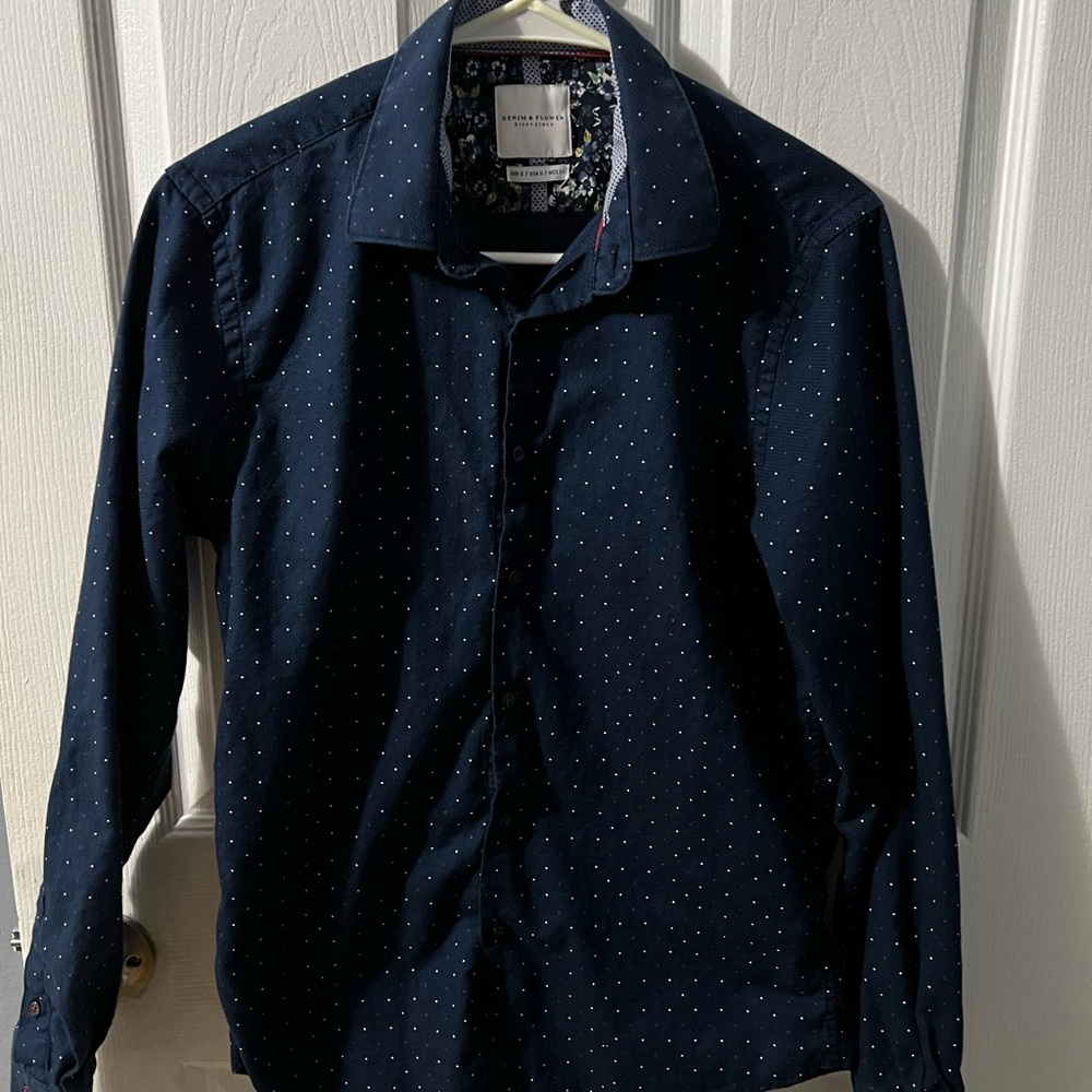Dark Blue Button Up Shirt with Polka dots